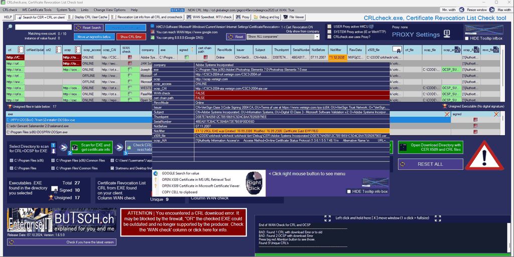 CRLcheck.exe
is our new tool developed to verify digital signatures of executable files. It collects files from known paths on your client, checks their signature, and retrieves Certificate Revocation Lists (CRL) and OCSP automatic. This helps avoid delays in launching files, especially when browser traffic is redirected through a web security proxy. Download a free version right now and solve problems your IT-Team searched for weeks.